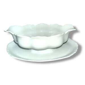Vintage White China Racine Bavaria Gravy Boat Attached Underplate
